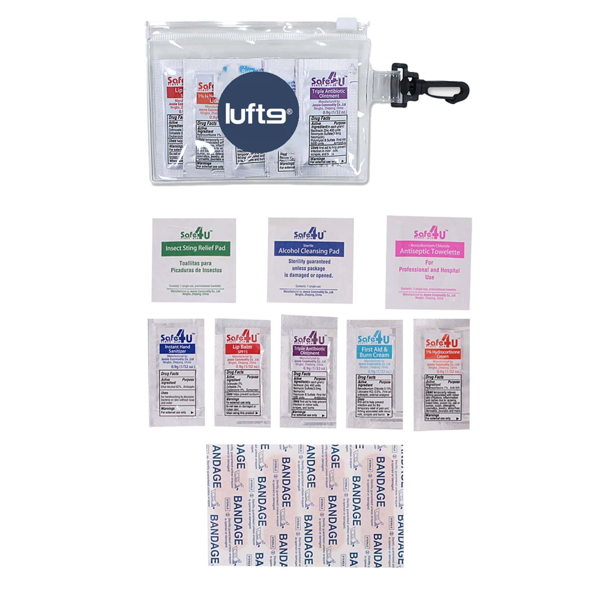 A clear plastic pouch containing various first aid supplies, including antiseptic wipes, insect sting relief pads, and bandages. Summit Kit - Image 1