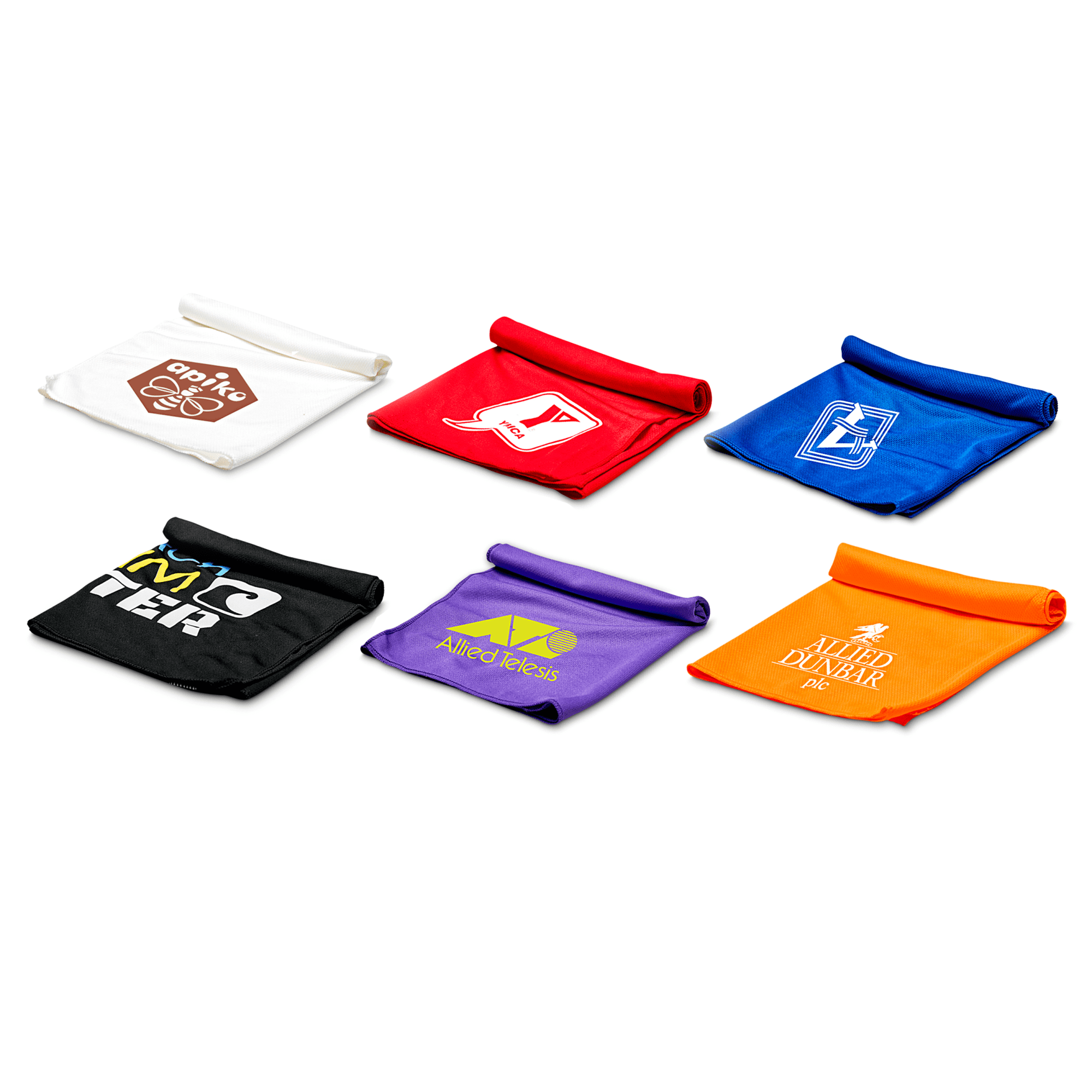 A set of six cooling towels in various colours: white, red, blue, black, purple, and orange, each with a logo. Cooling Towel - Image 1