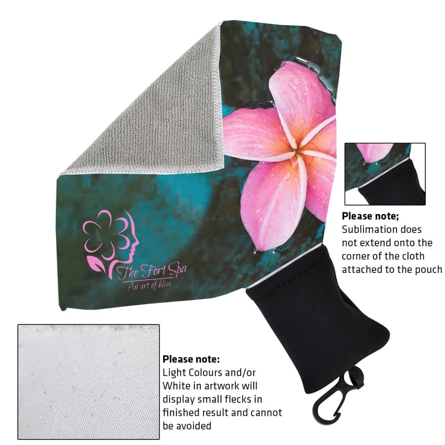 A microfibre towel in teal with a floral design, accompanied by a black pouch for storage. Micro Fibre Towel with Pouch - Image 1