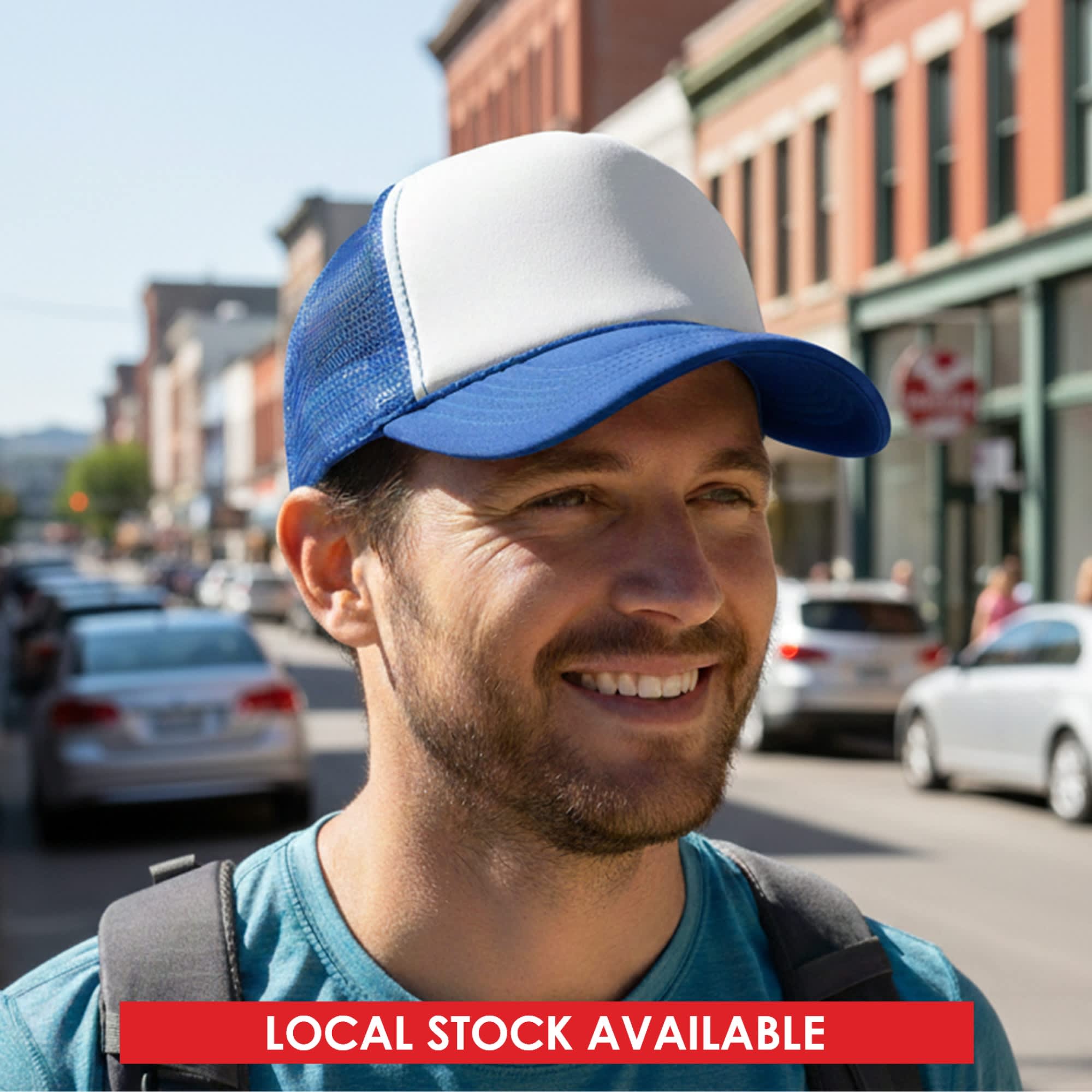 A white and blue 5-panel trucker cap featuring a mesh back and adjustable fit. It has a logo on the front. White Front 5 Panel Trucker Mesh Cap - Image 1