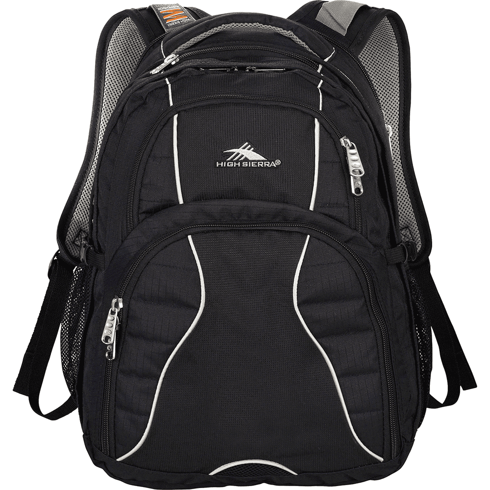 A black High Sierra Swerve 17" backpack featuring multiple compartments and a logo. Mesh details enhance its design. High Sierra Swerve 17" 38L Backpack - Image 1
