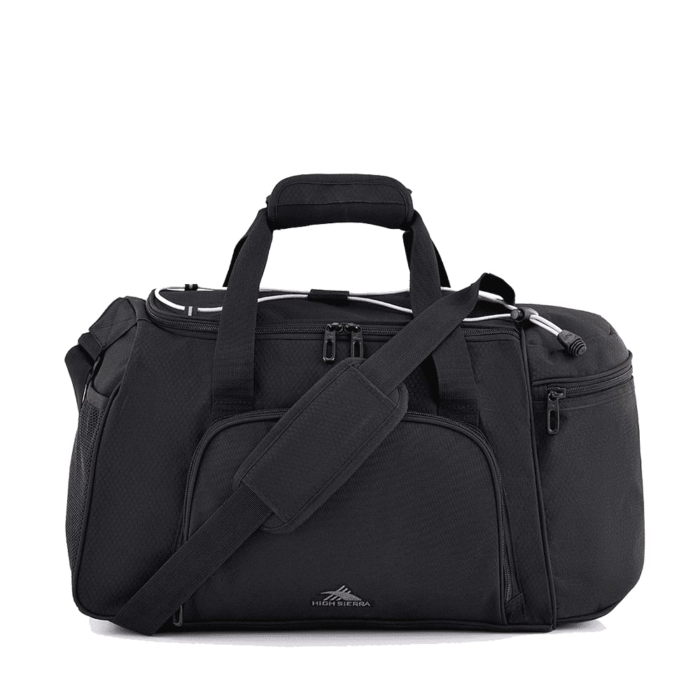 A black travel duffel bag with multiple compartments, carrying handles, and a detachable shoulder strap. It features a logo. High Sierra Travel Duffel - Image 1