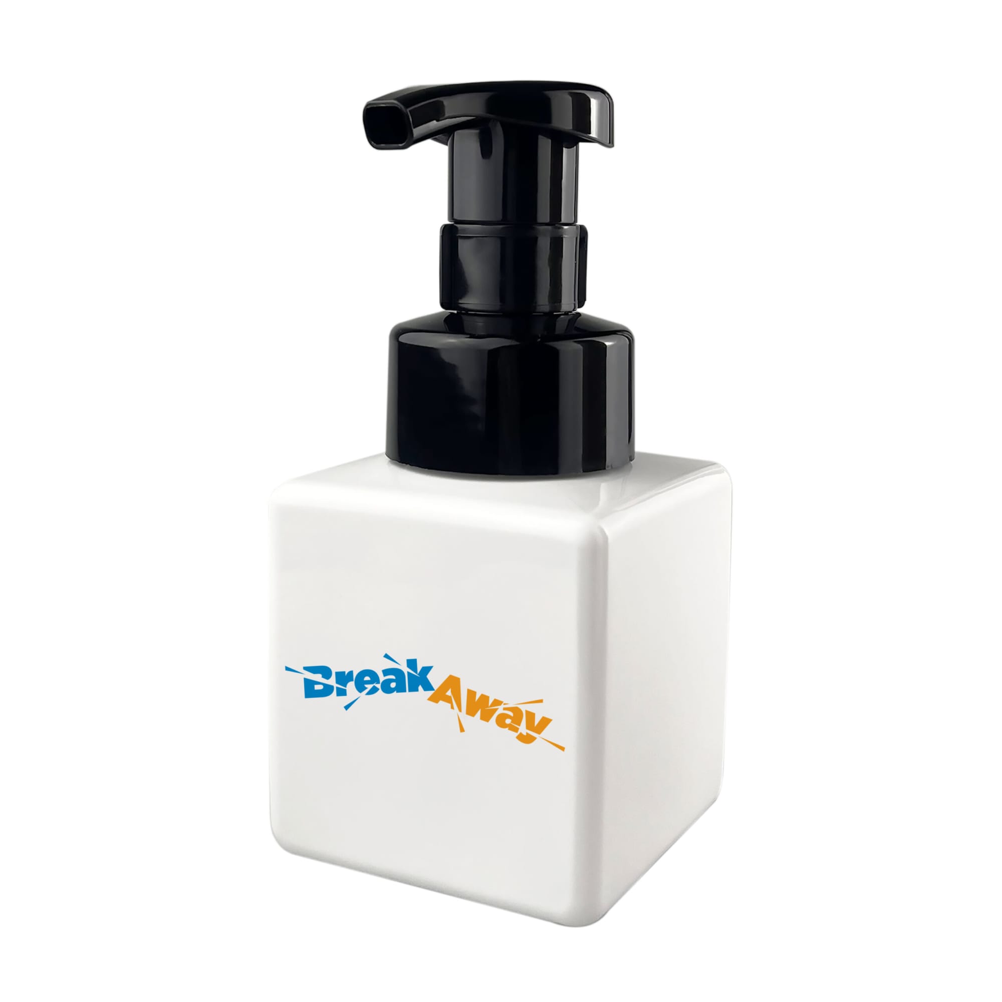 A square white foaming soap dispenser with a black pump top, featuring a logo on the front. Glenn Foaming Soap Dispenser - Image 1