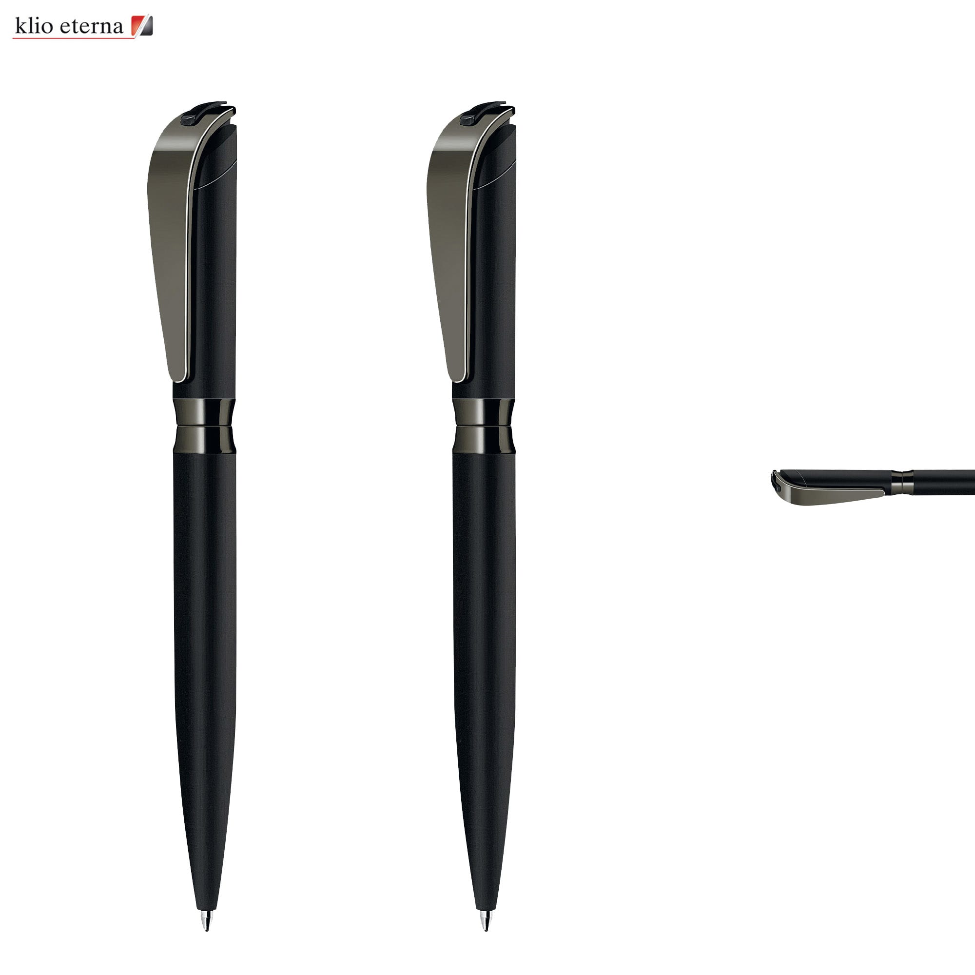 A set of black metal pens with a sleek design and a silver clip. The image includes a logo. I-ROQ Soft touch Pencil - Image 1
