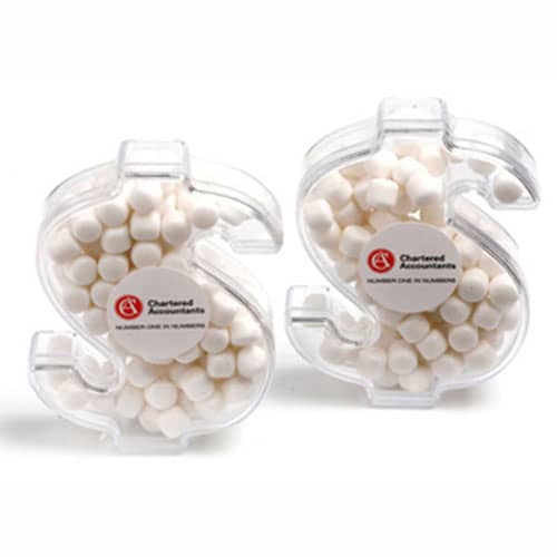 Acrylic dollar-shaped container filled with white mints, featuring a logo on the front. Acrylic Dollar with Chewy Mints 40g - Image 1