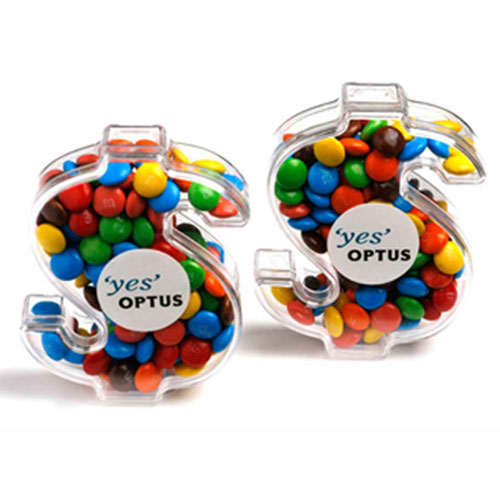 Acrylic dollar-shaped container filled with colourful mini M&Ms, featuring a logo on the front. Acrylic Dollar with Mini M&Ms 40g - Image 1