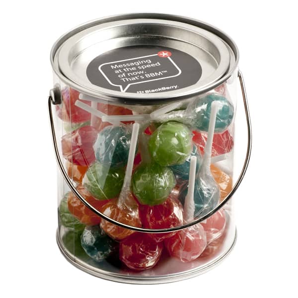 A transparent PVC bucket filled with colourful Chuppa Chups lollipops in various flavours. The bucket has a metal handle. Big PVC Bucket with Chuppa Chups x32 - Image 1