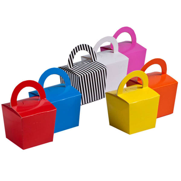 A collection of coloured noodle boxes in red, blue, yellow, pink, white, and black stripes, featuring carry handles. Coloured Noodle Box with Easter Eggs - Image 1
