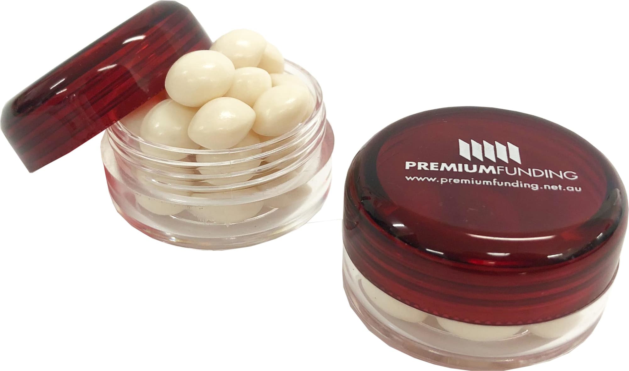 A small screw cap jar in red containing white mints, featuring a logo on the lid. Small Screw Cap Jar with Chewy Mints 20g - Image 1