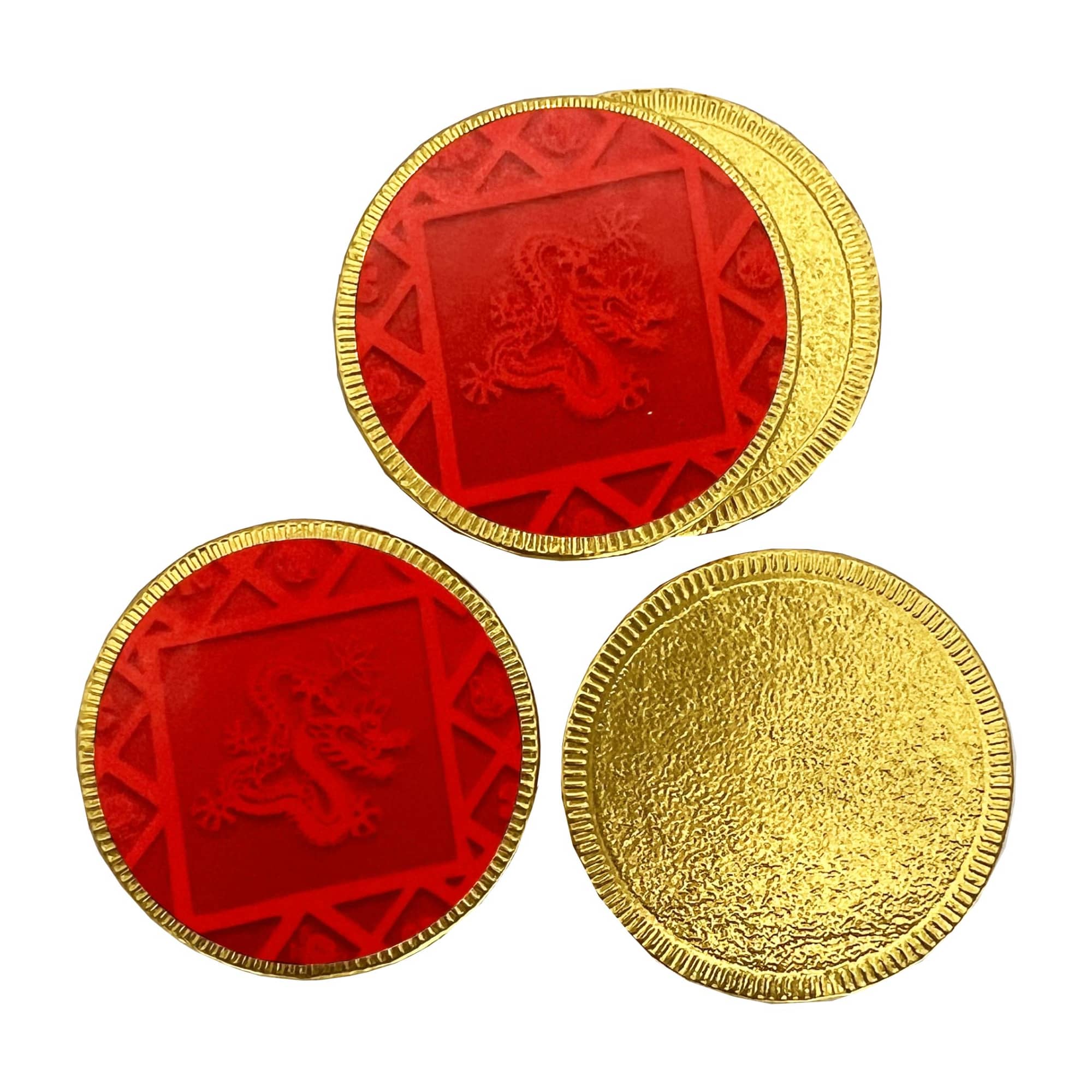 Red and gold chocolate medallions with intricate designs, featuring both red and gold finishes, arranged in a group. Gold Medallion - Image 1