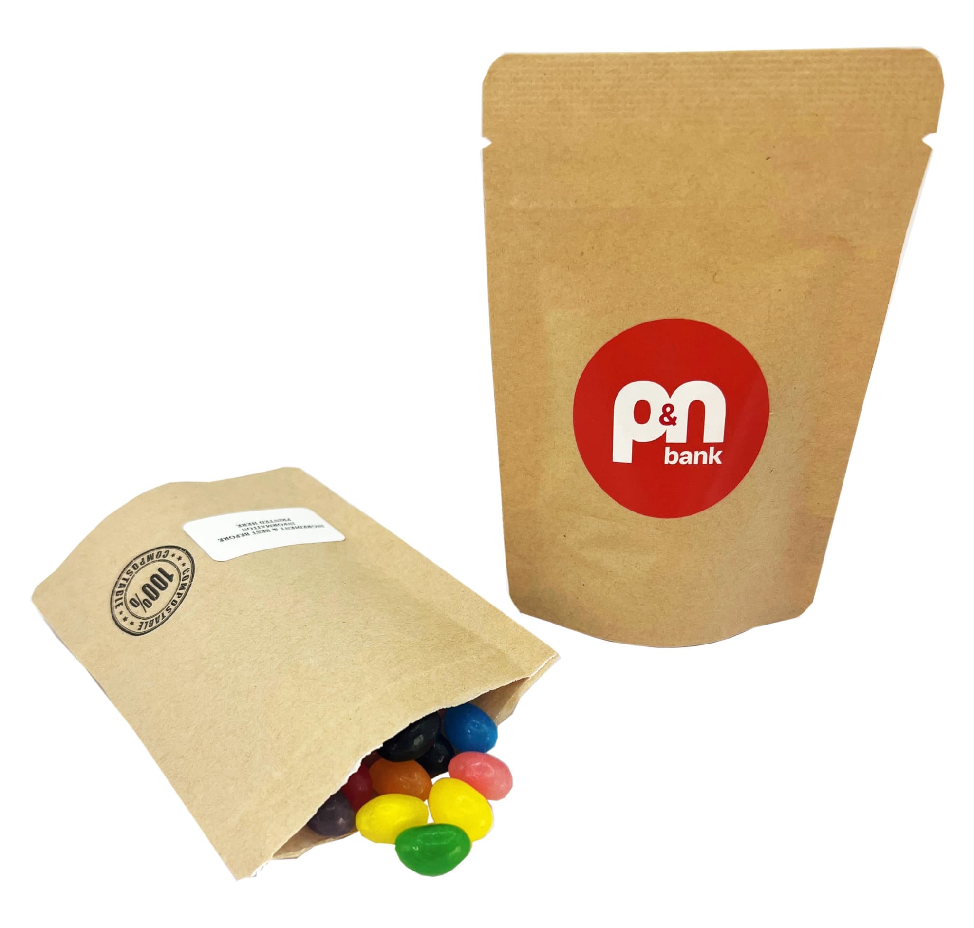 A compostable bag filled with colourful mini jelly beans. The bag features a logo on the front. Compostable Bag with Mini Jelly Beans 50g - Image 1