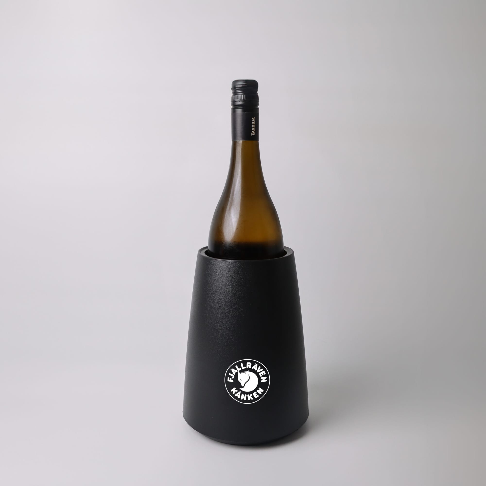 A black wine cooler with a sleek design, featuring a drink bottle inserted inside and a logo on the front. Catalina Wine Cooler - Image 1