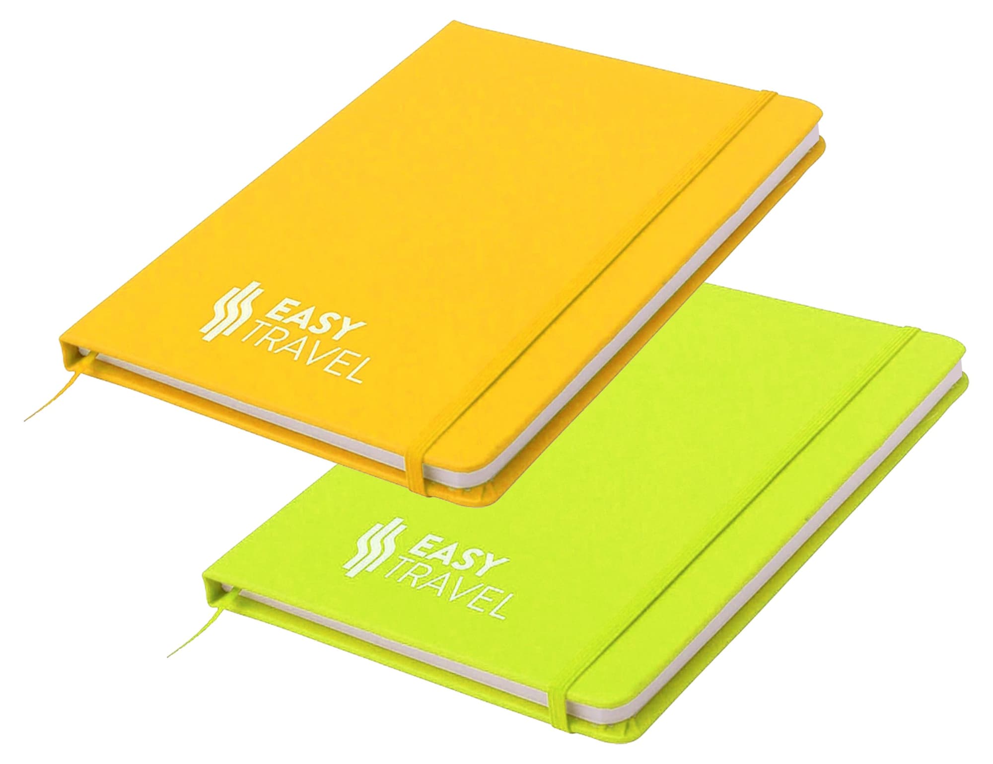 A yellow and a green notepad with a logo on the covers, featuring a smooth finish and an elastic band. Carnival A5 Notepad - Image 1