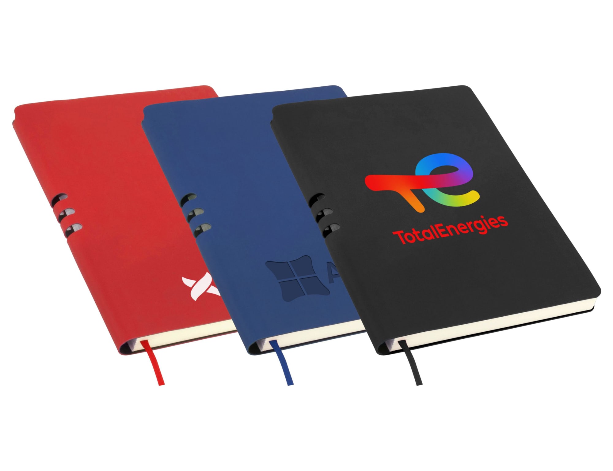 A set of three A5 notebooks in red, blue, and black, each featuring a logo on the cover and a ribbon bookmark. Havana A5 Notebook - Image 1