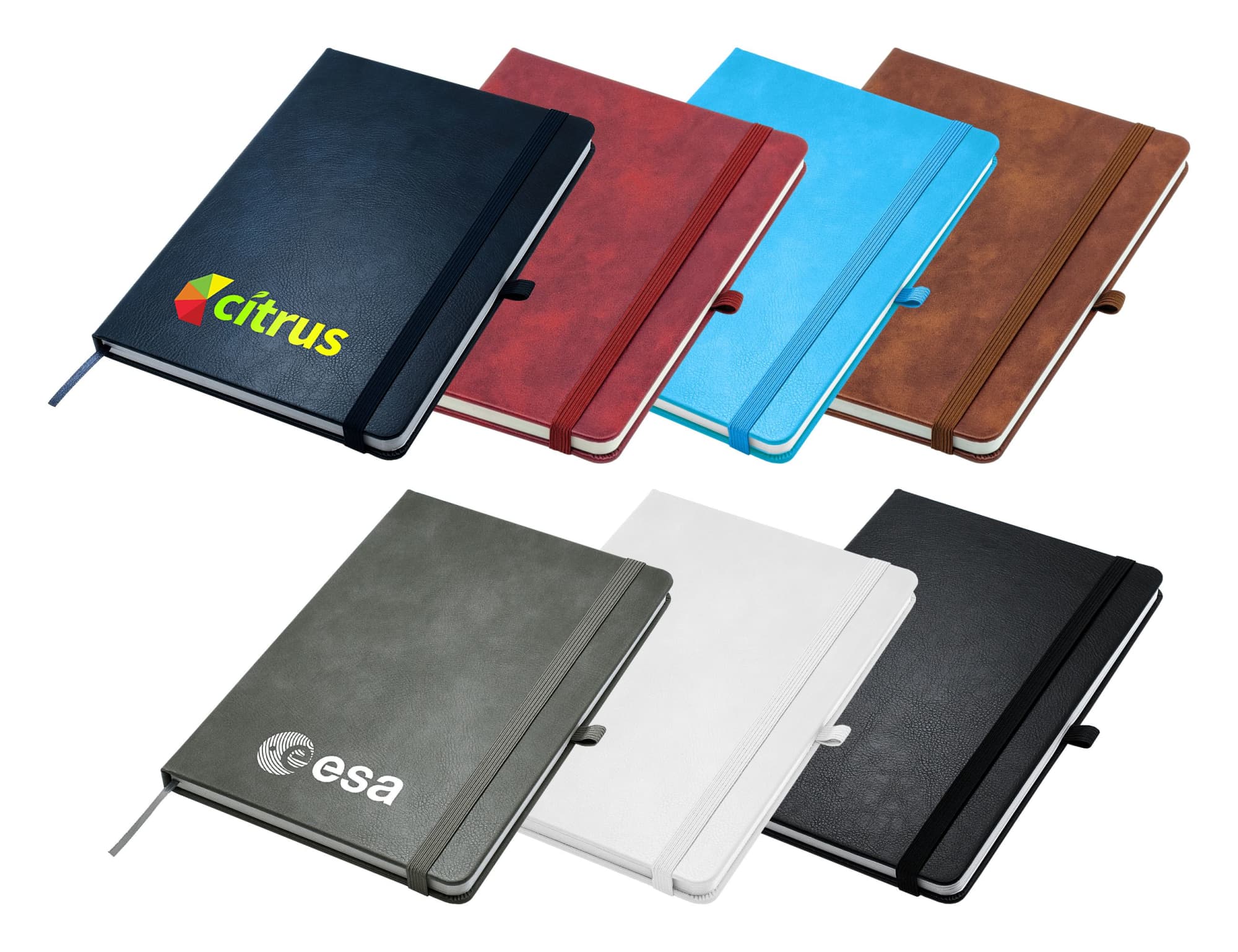 A collection of Apex A5 notebooks in various colours including black, white, brown, blue, red, and green, with logos. Apex A5 Notebook - Image 1