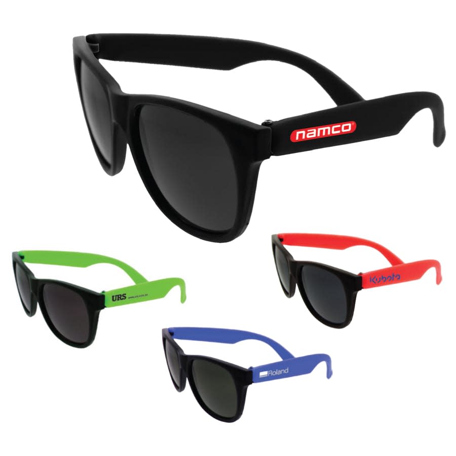 Retro sunglasses in black, green, red, and blue, featuring logos on some frames. Retro Sunglasses - Image 1