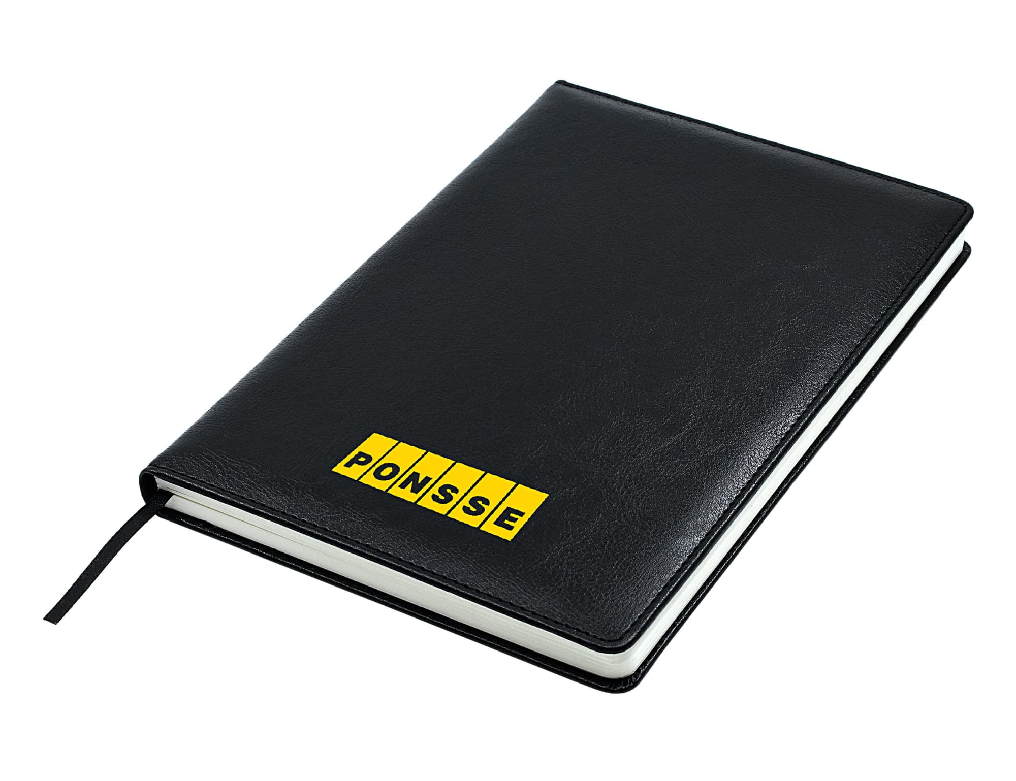 A black A5 notebook with a textured cover and a ribbon marker, featuring a logo on the front. Pinnacle A5 Notebook, Black - Image 1