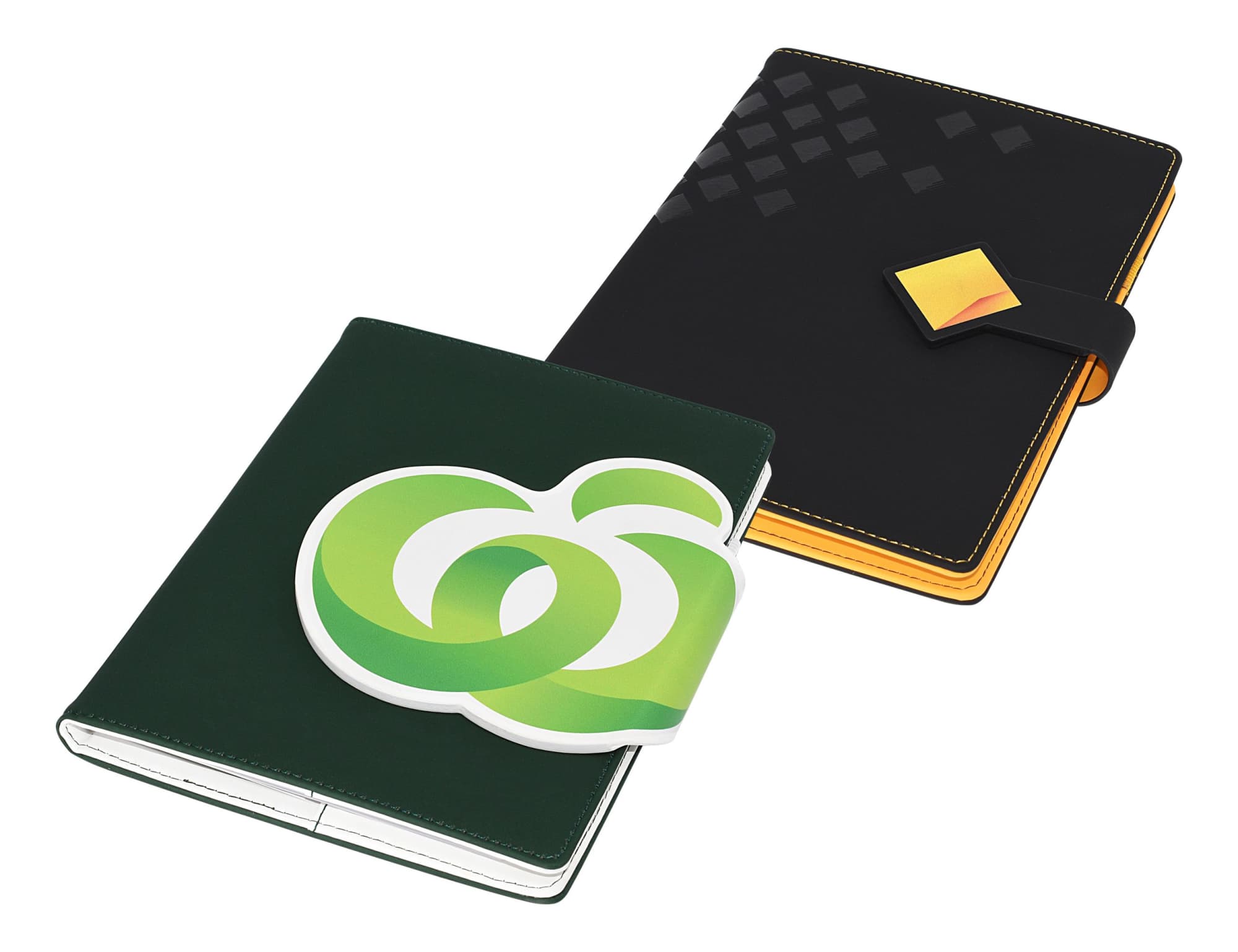 A green and black portfolio with a yellow clasp, featuring a logo and geometric design on the cover. Designa A5 Portfolio - Image 1