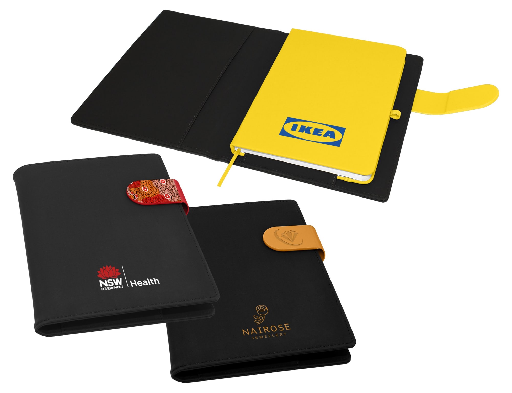 A multi-coloured portfolio featuring a yellow notebook, a black cover with a logo, and decorative closures. Carnival A5 Portfolio - Image 1