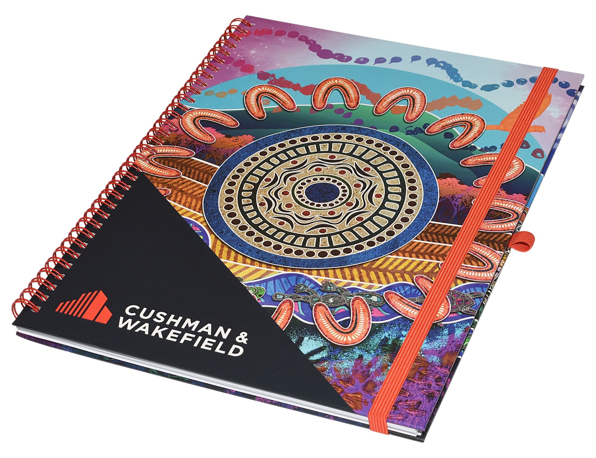A colourful A4 side-bound notebook featuring a spiral binding and an elastic closure, with a logo on the cover. Designa Wiro A4 Side Bound Notebook - Image 1