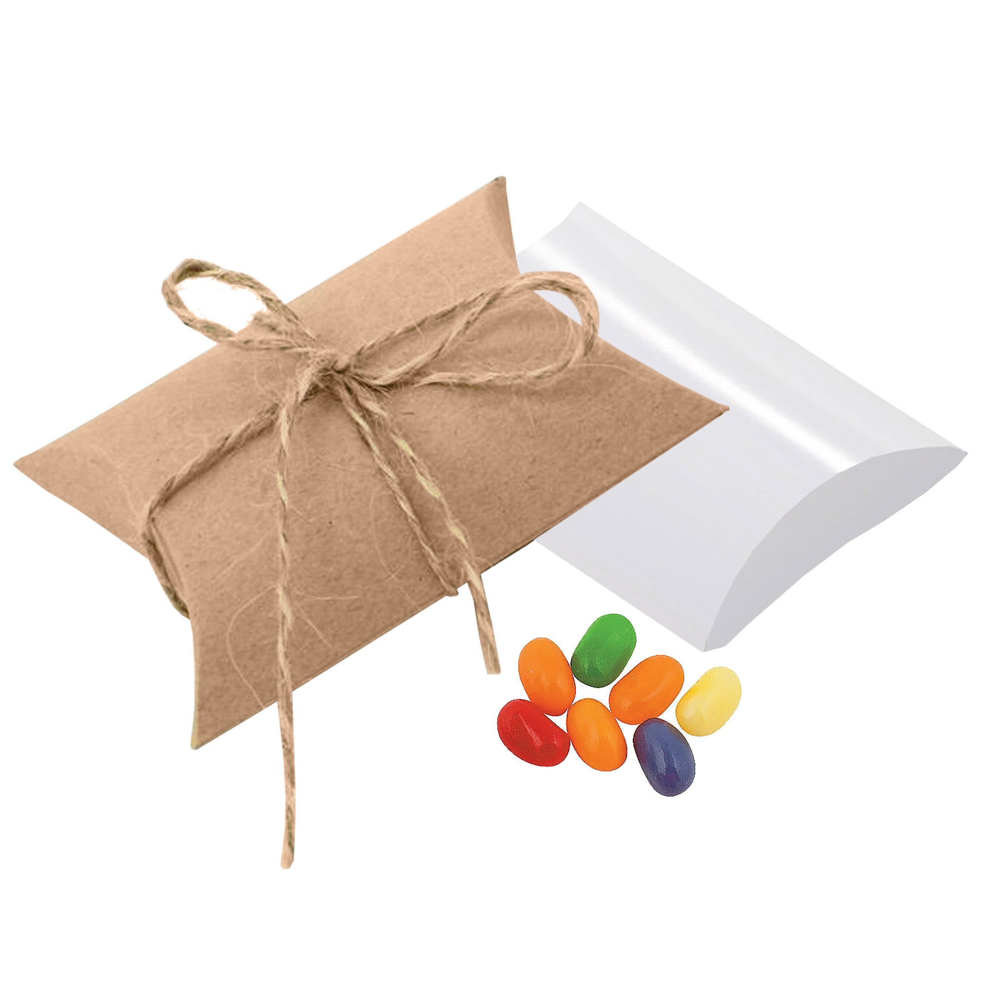 A pillow-shaped box with twine and jelly beans in various colours beside it. The box is brown, while the jelly beans are vibrant. Jelly Bean In Pillow 50g - Image 1