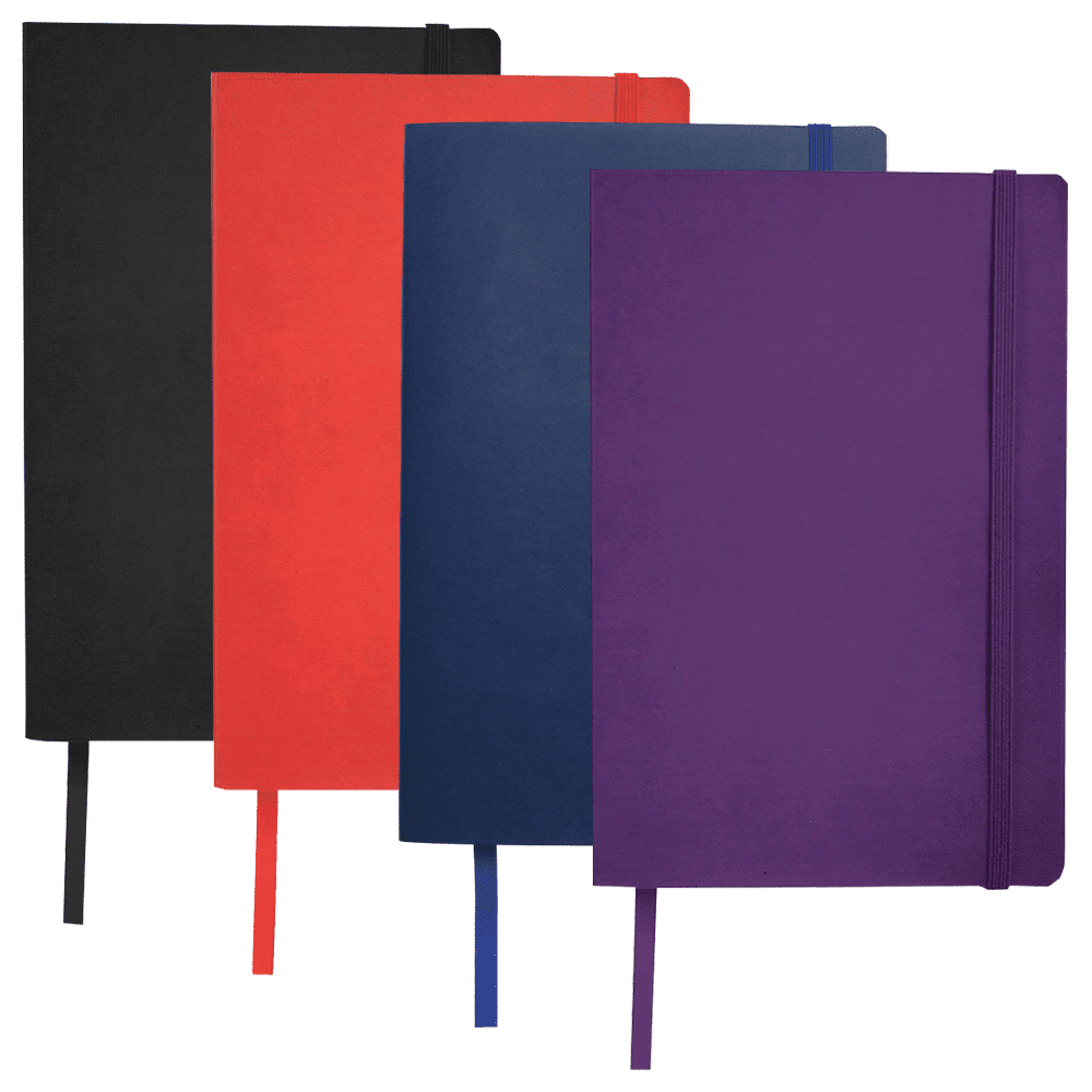 A set of four soft bound journals in black, red, navy, and purple, each with a matching elastic band. Pedova Soft Bound JournalBook - Image 1