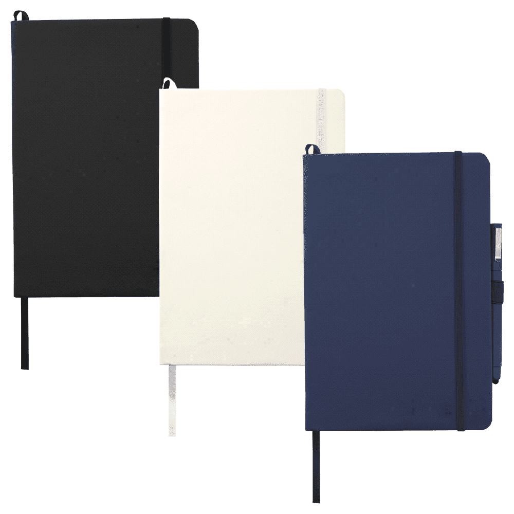 Three hard-bound journals in black, white, and navy, each featuring an elastic closure and ribbon bookmark. Vienna Large Hard Bound JournalBook - Image 1