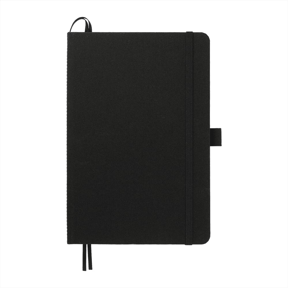 A black Recycled Marine Bound JournalBook with an elastic band closure and ribbon bookmark. It has a logo on the cover. Recycled Marine Bound JournalBook - Image 1