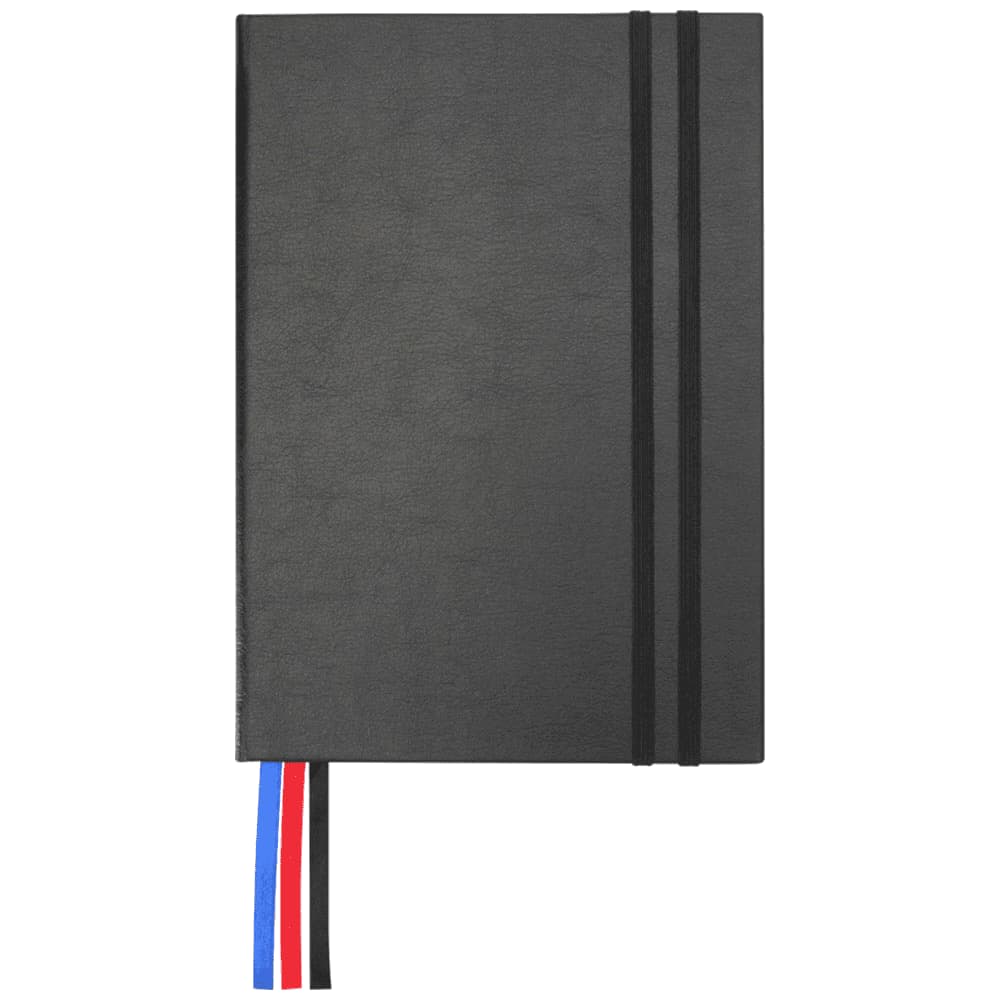 A black diary with elastic closures and ribbon bookmarks in red, blue, and white. It features a logo on the cover. JournalBook Alder 365 Page Diary - Image 1