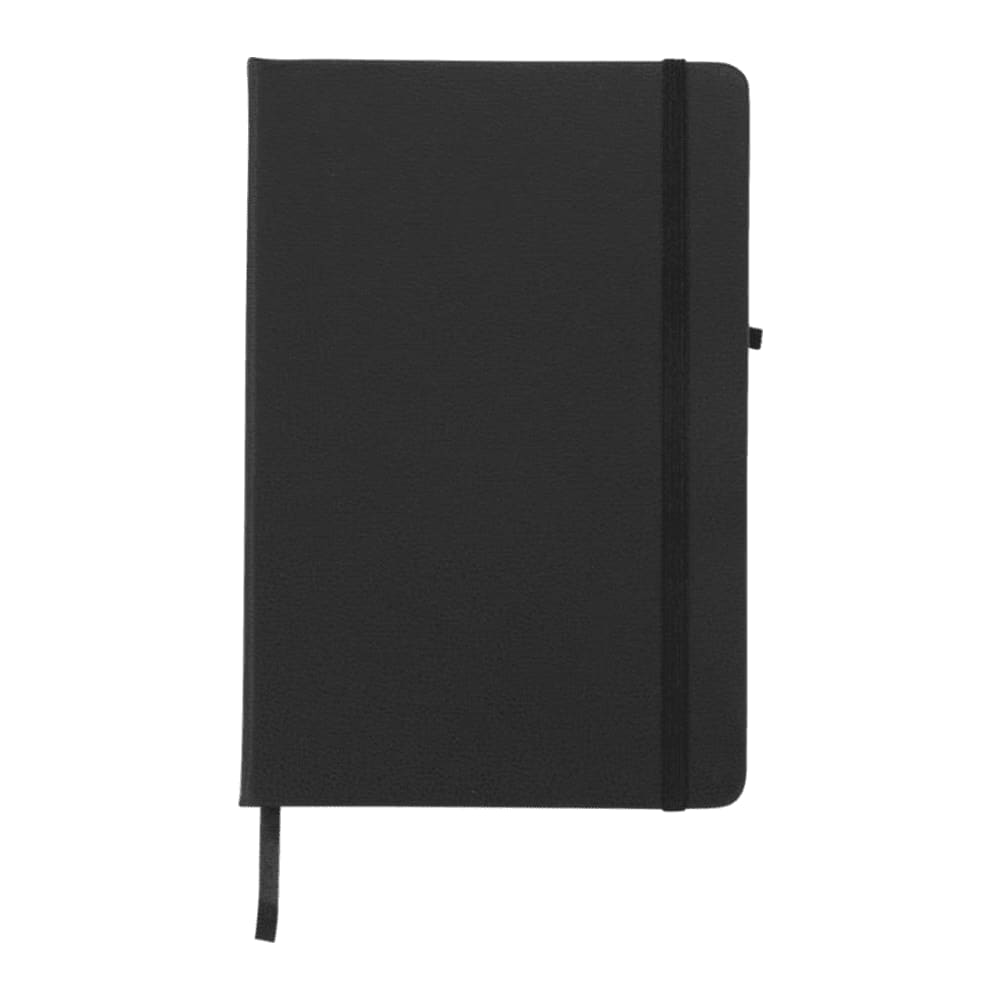 A black journal book with a band closure and a ribbon bookmark, featuring a logo on the cover. Rivista JournalBook - Image 1