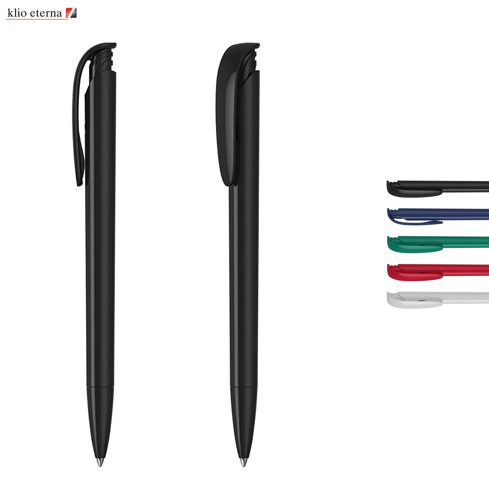 A set of plastic pens in black, green, red, blue, and white, with a logo present on the pens. Jona - Image 1