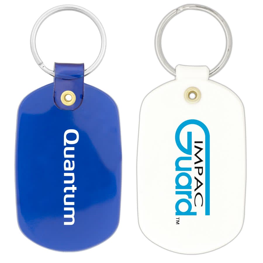 A blue and white oval keychain featuring a branding logo on one side. The keychain has a metal ring attached. Oval Keychain - Image 1
