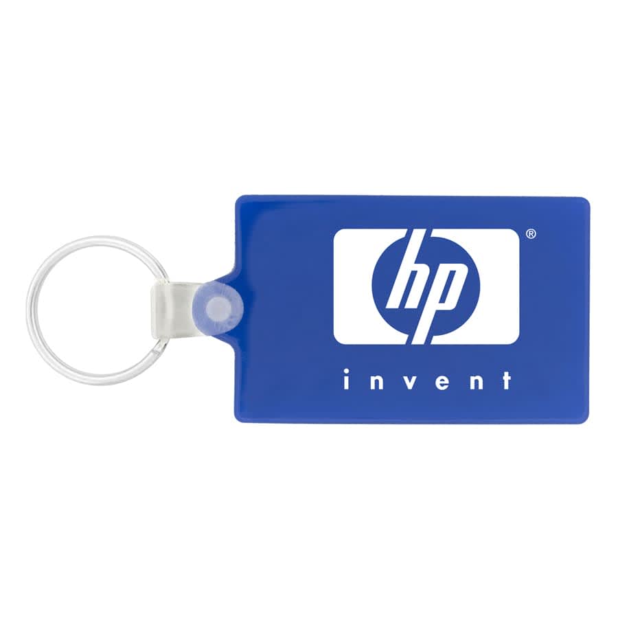 A blue rectangle keychain featuring a logo. The keychain has a metal ring for attachment. Rectangle Keychain - Image 1