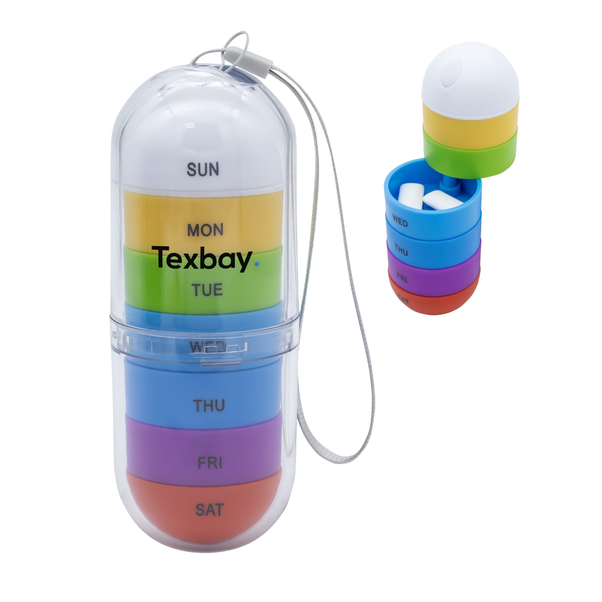 A transparent capsule-shaped pill holder with rainbow-coloured compartments for each day of the week and a white cap. Rainbow Pill Tube - Image 1