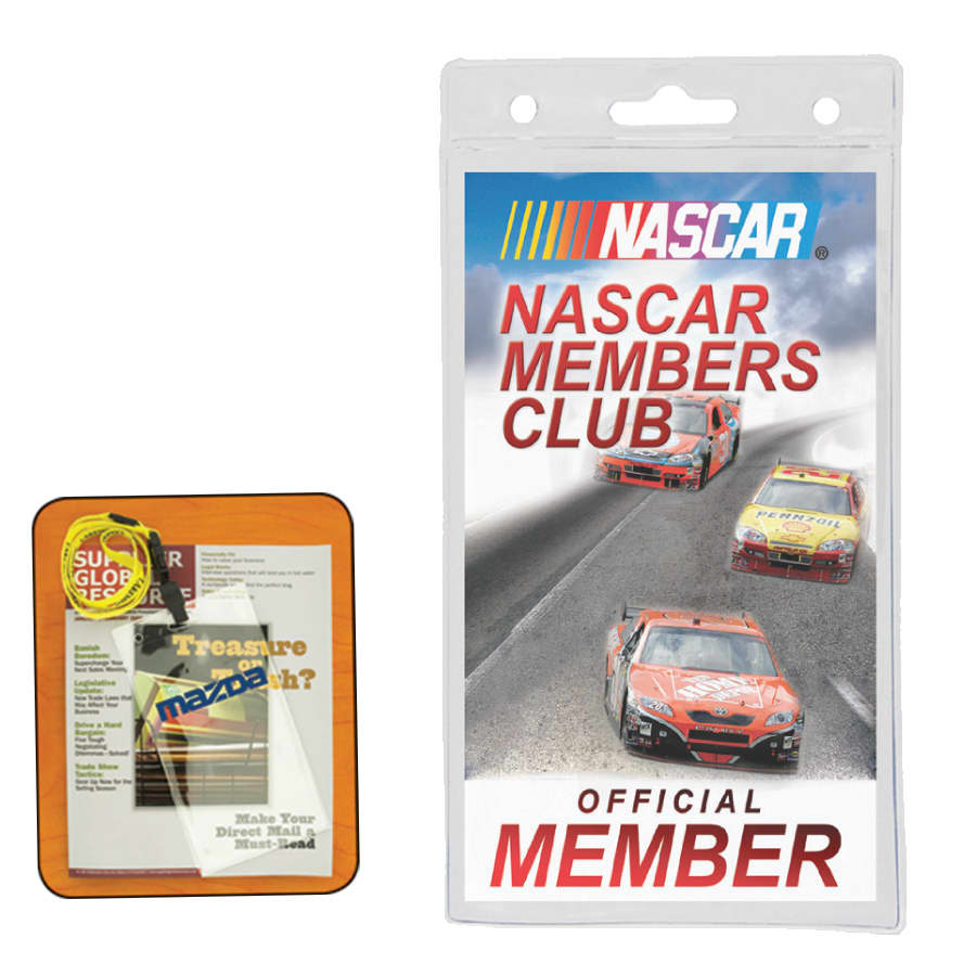 A clear badge holder with a top slot, featuring a NASCAR logo and images of race cars. Suitable for displaying membership cards. The Big Event Badge Holder - Image 1