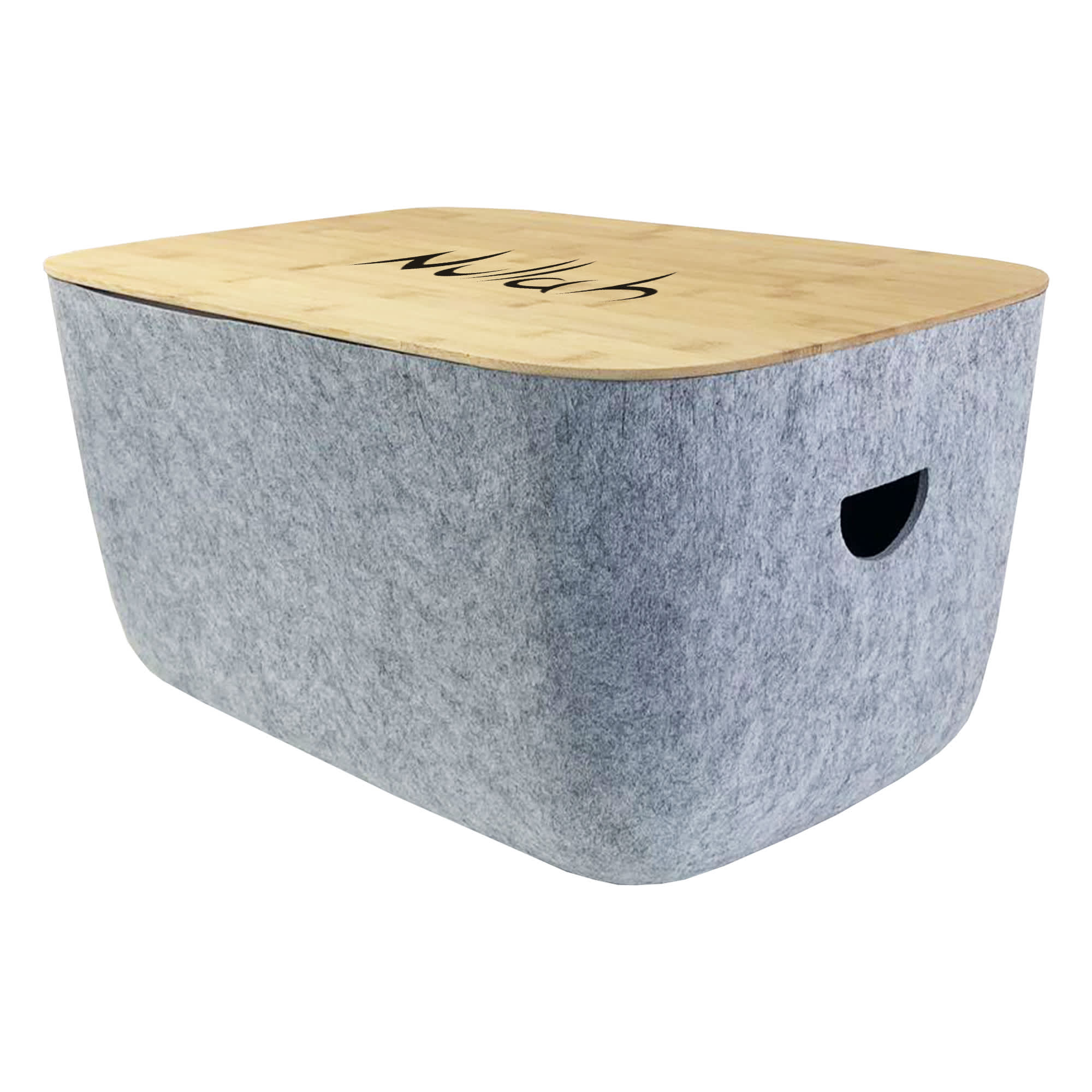 Ava Tub in grey felt with a wooden lid, featuring a cut-out handle for easy access. Stylish and functional storage solution. Ava Tub - Image 1