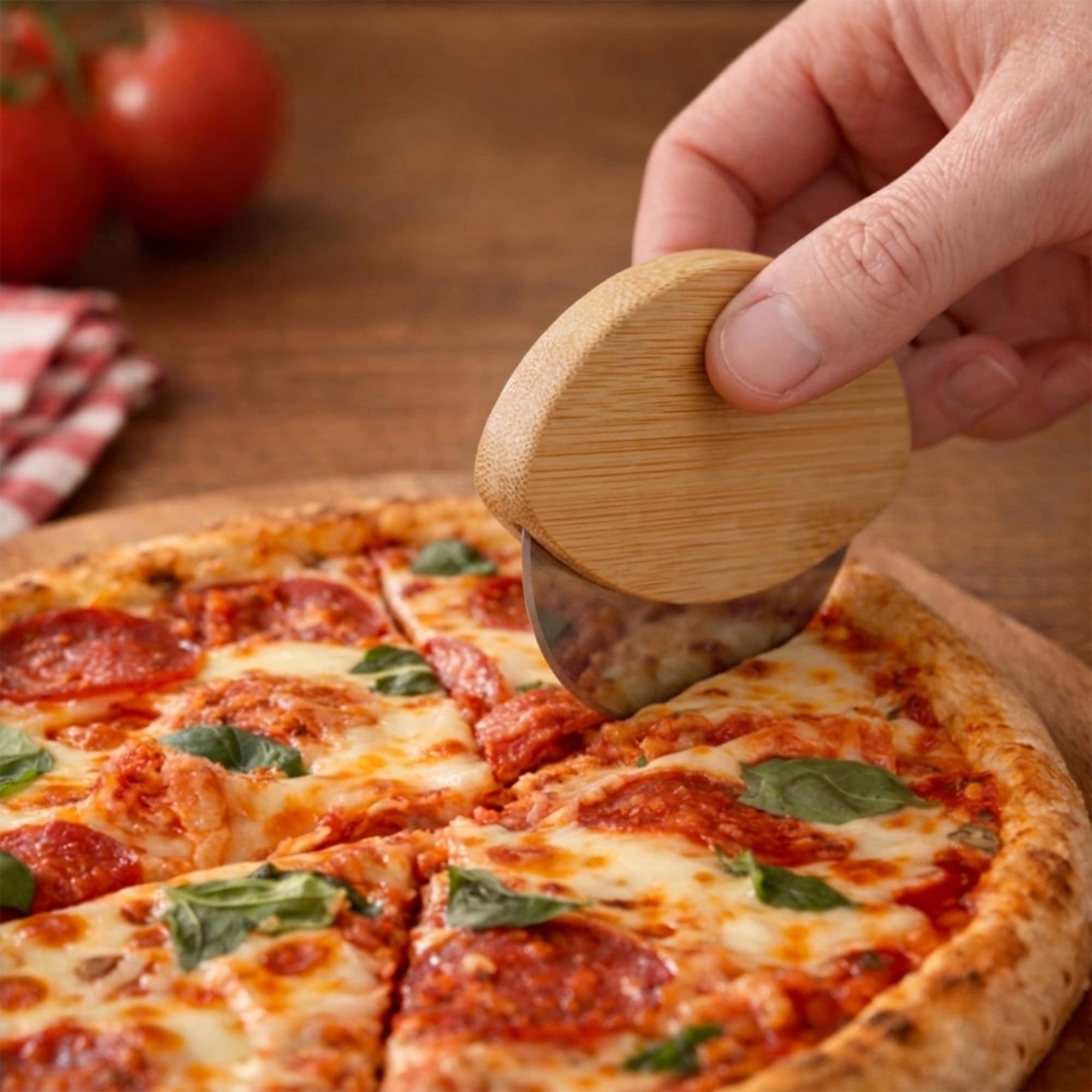 A bamboo pizza cutter with a rounded handle cuts through a pepperoni pizza on a wooden surface. Bamboo Pizza Cutter - Image 1