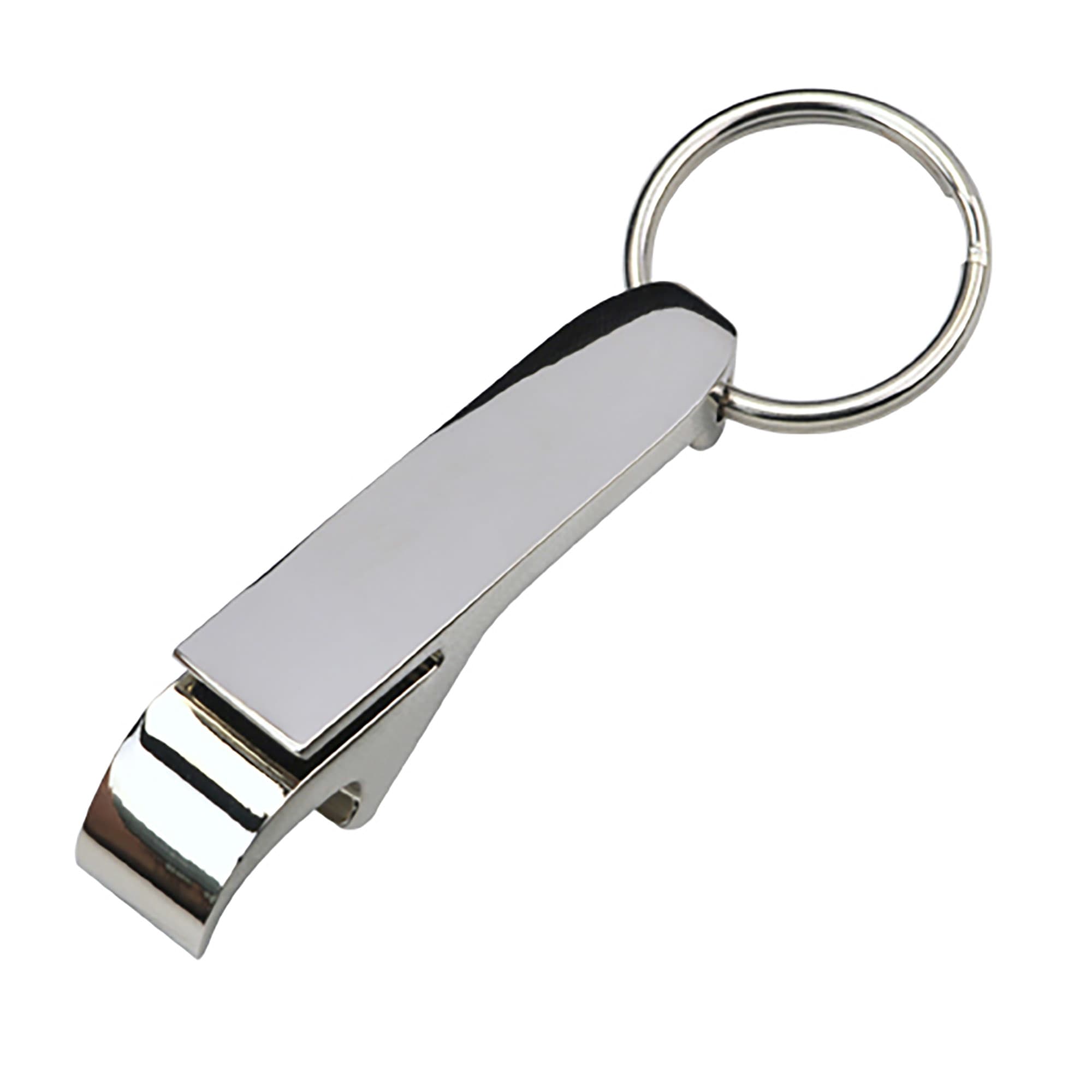 A drink bottle opener key ring in shiny silver metal with a smooth finish and a circular keyring attachment. Argo Bottle Opener Key Ring - Image 1