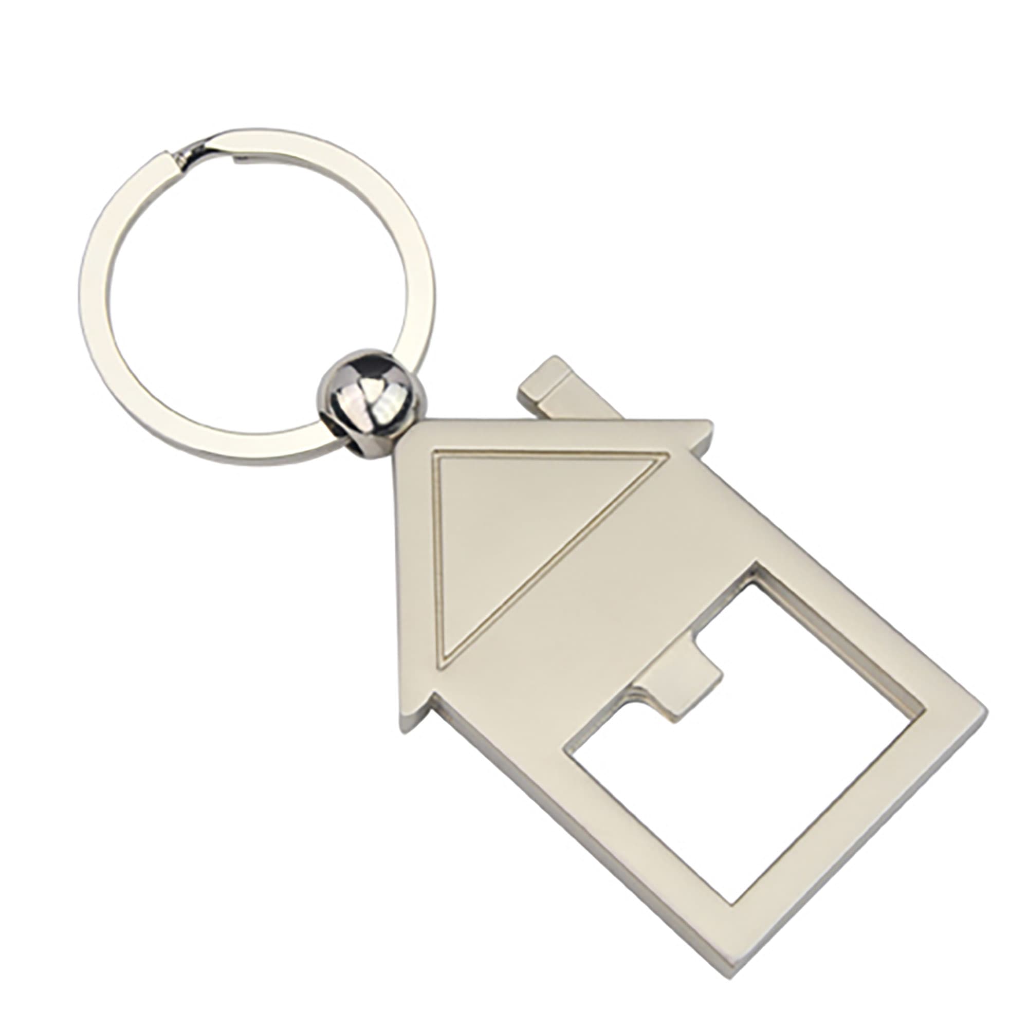 A drink bottle opener keyring shaped like a house in a silver finish with a keyring attachment. House Bottle Opener Key Ring - Image 1