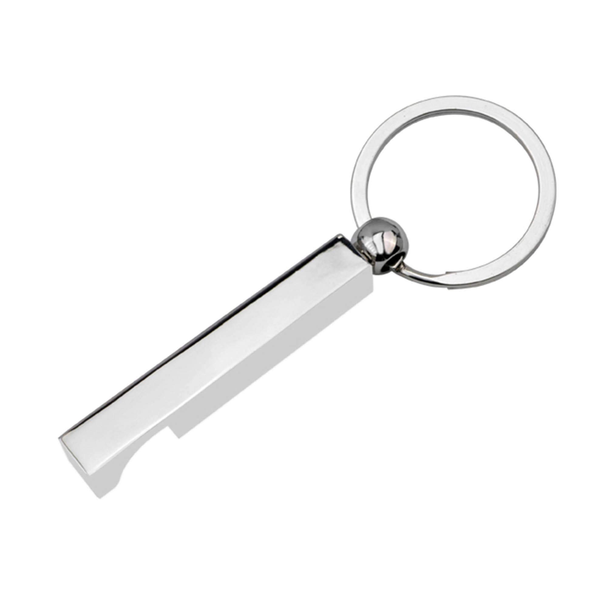 A drink bottle opener key ring in silver, featuring a sleek rectangular design and a round keyring attachment. Square Peg Key Ring - Image 1