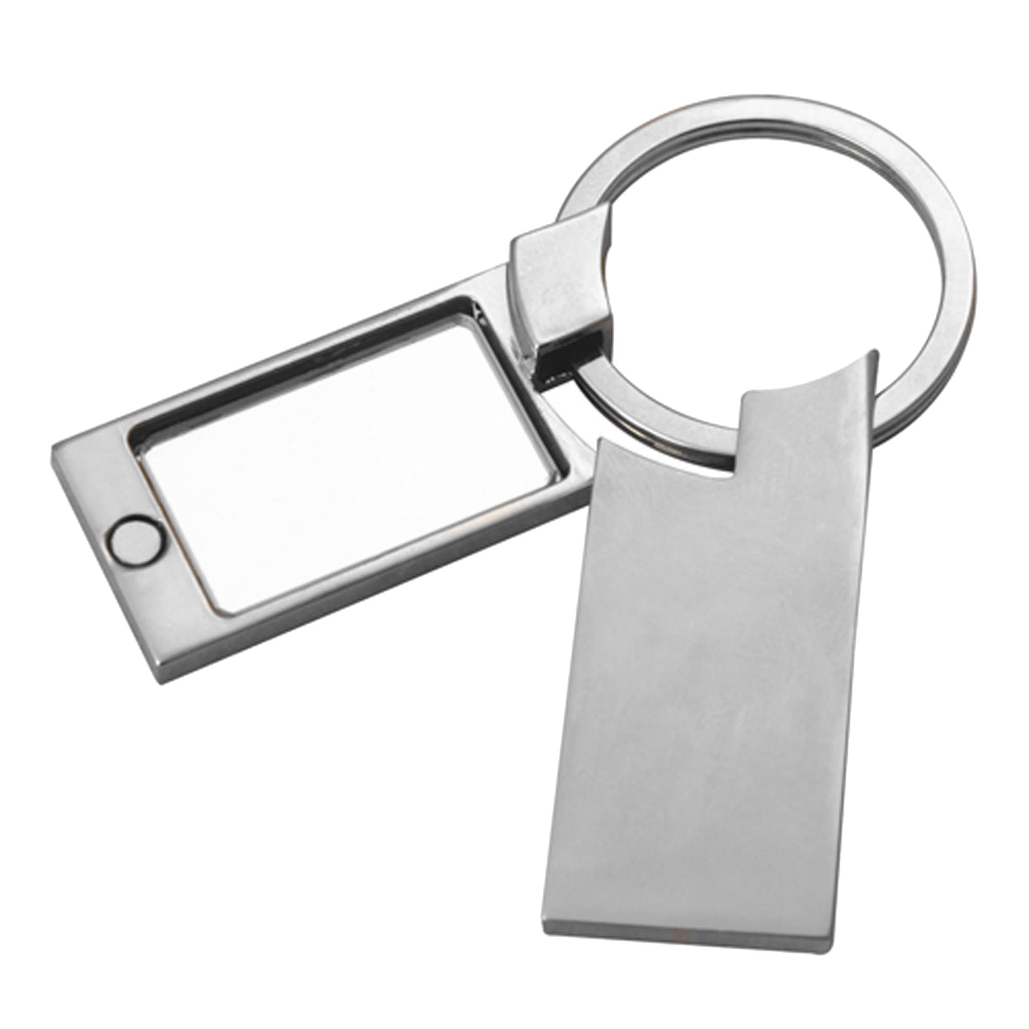 A metallic key ring with a rectangular frame and a flat tag, featuring a smooth silver finish. Reflection Key Ring - Image 1