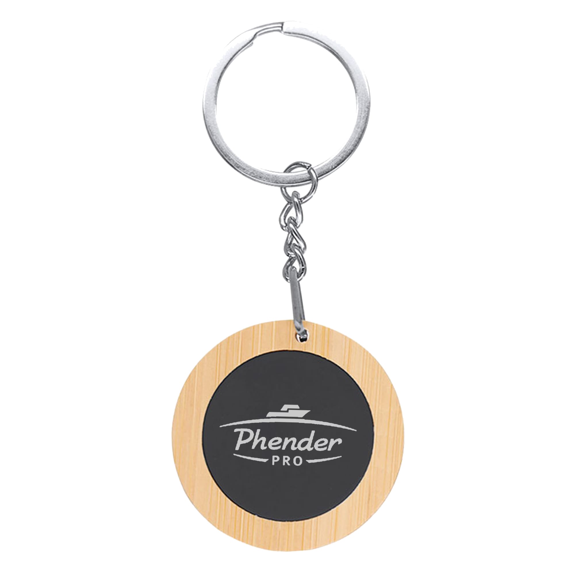A round bamboo keyring with a silver metal chain and a circular black centre featuring a logo. Mirage Round Bamboo Keyring - Image 1