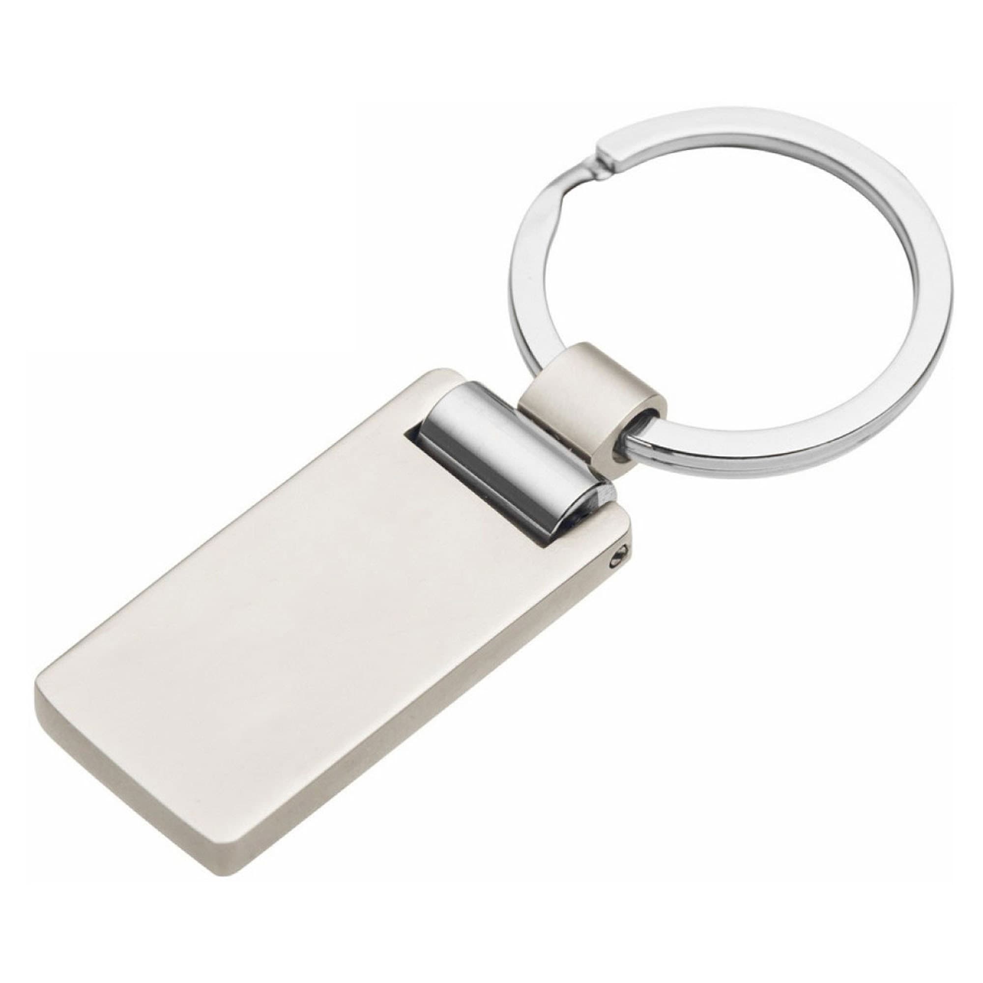 A silver key ring featuring a rectangular pendant with a polished finish and a circular attachment. Euro Long Key Ring - Image 1