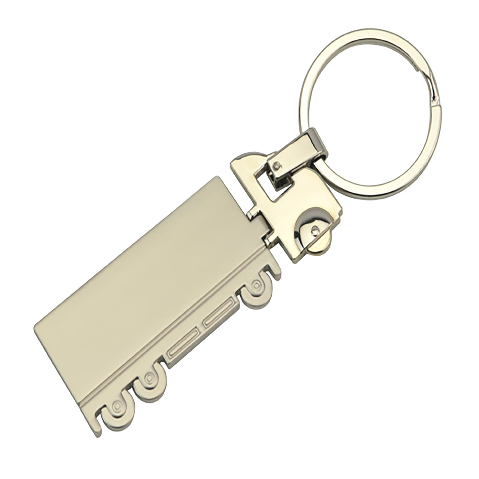 A silver cargo truck-shaped keyring with a circular keyring attachment. It has a simple, sleek design. Cargo Key Ring - Image 1