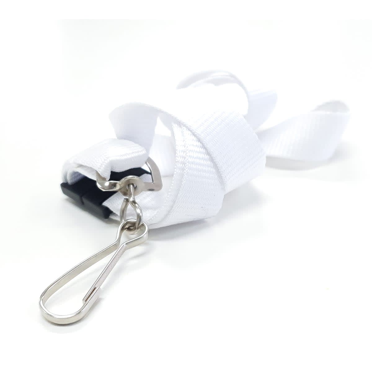 A white 19mm custom lanyard with a metal clip and logo branding. 19mm Custom Lanyard - Image 1