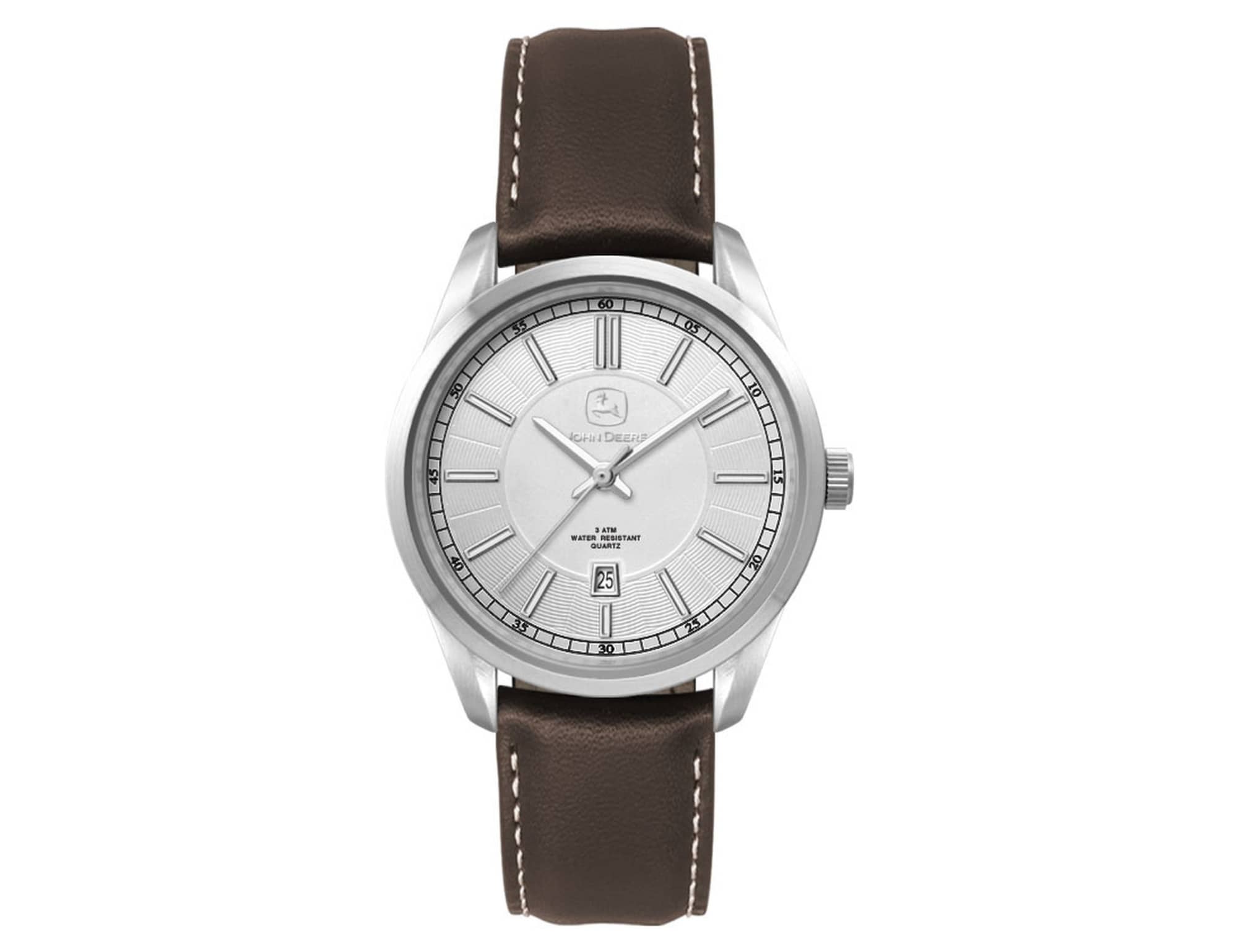 A silver ladies casual dress watch with a brown leather strap and a minimalist face design. It features a logo. Ladies Casual Dress Watch, Leather Strap - Image 1