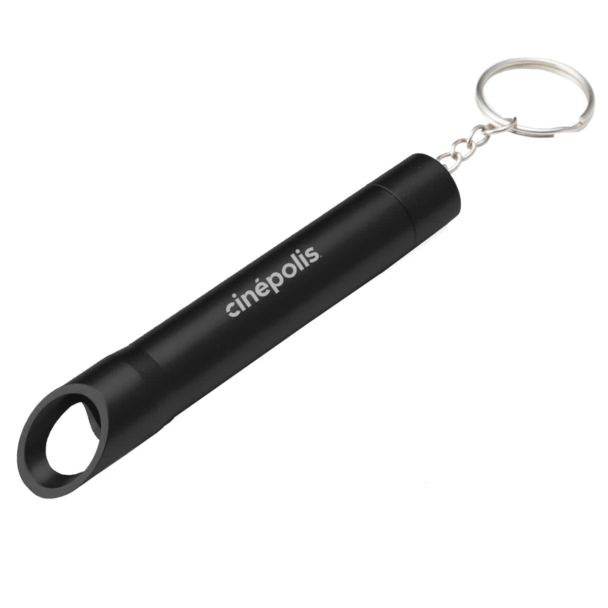 A drink bottle opener keychain in sleek black, featuring a keyring attachment and a branding logo. Pop Light Bottle Opener Keychain - Image 1