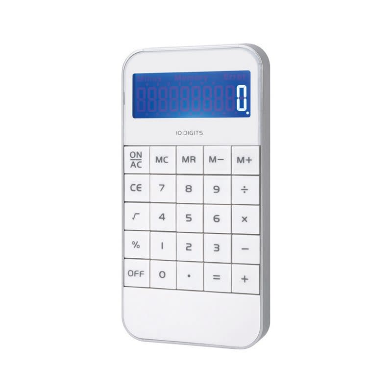 A white calculator with a blue display and numerous buttons, featuring a logo on its surface. Calculus Calculator - Image 1