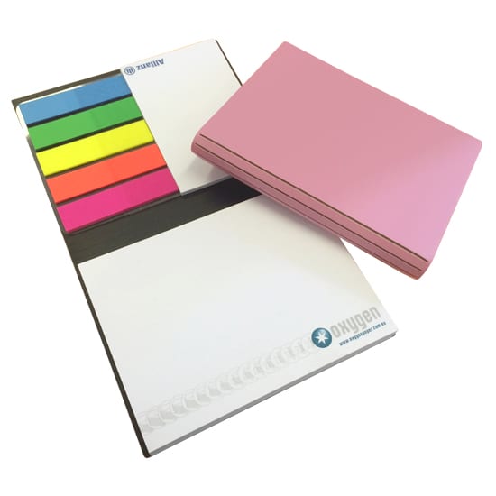 A pink bonded leather portfolio with unprinted cover, containing notepaper and colourful sticky notes. Bonded Leather Combination Unprinted Cover CPP 3 Col Pad - Image 1