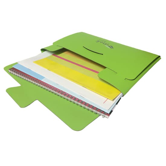 A green folder contains various sheets and a spiral notebook, with an inner pocket for storage. Leather Satchel - Image 1